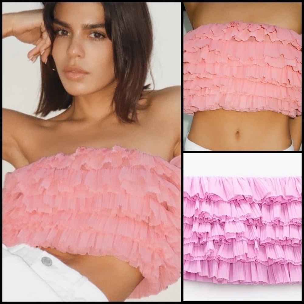 ZARA LIMITED EDITION ORGANZA BANDEAU TOP RUFFLE PINK TUBE TOP COQUETTE FAIRY L
